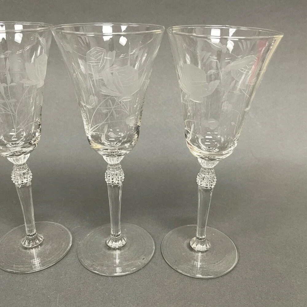 Wine Glasses Clear Glass Etched Roses Flowers Stemmed‎ 7